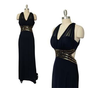 Y2K Prom Dress Maxi Gown Size 9 Navy Blue Blondie Nites Open Back Formal Sequin